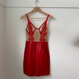 PrettyLittleThing Red Lace Mesh Corset Bodycon Mini Dress NWT | US 4 (UK 8 / EU
